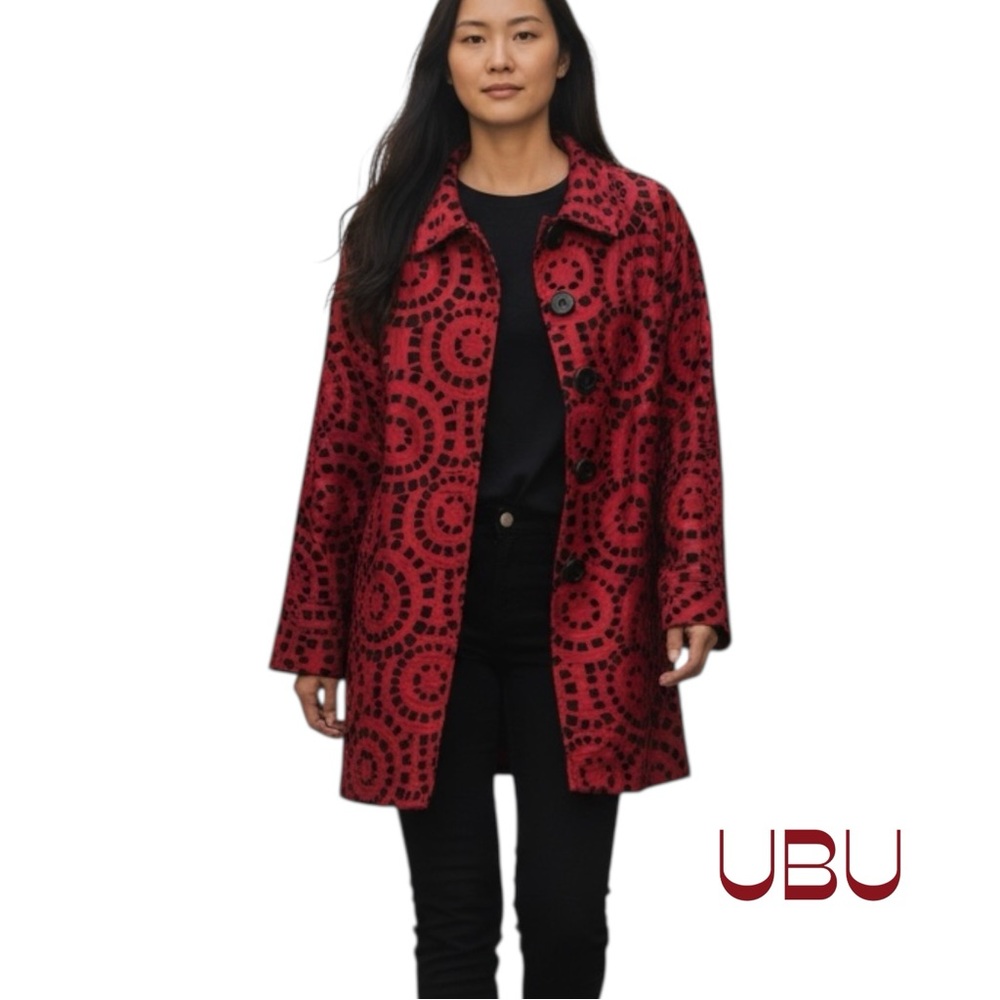 UBU Red Embossed Black Velvet Long Jacket Size M
